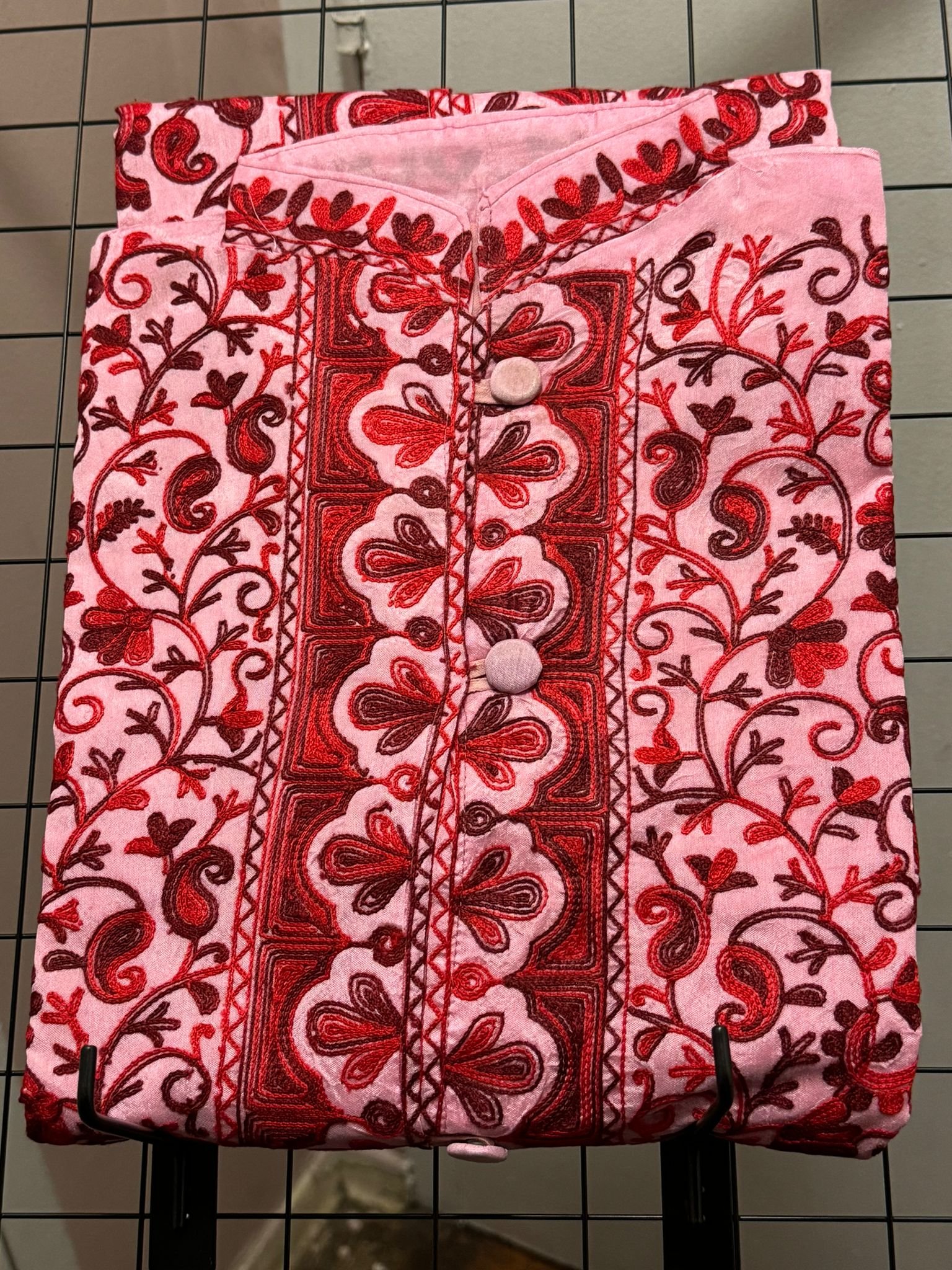 Blush Pink Kashmiri Embroidered Women’s Long Coat – Traditional Floral Winter Coat Description:
