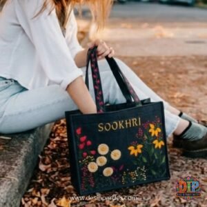 Black SOOKHRI Floral Embroidered Tote Bag