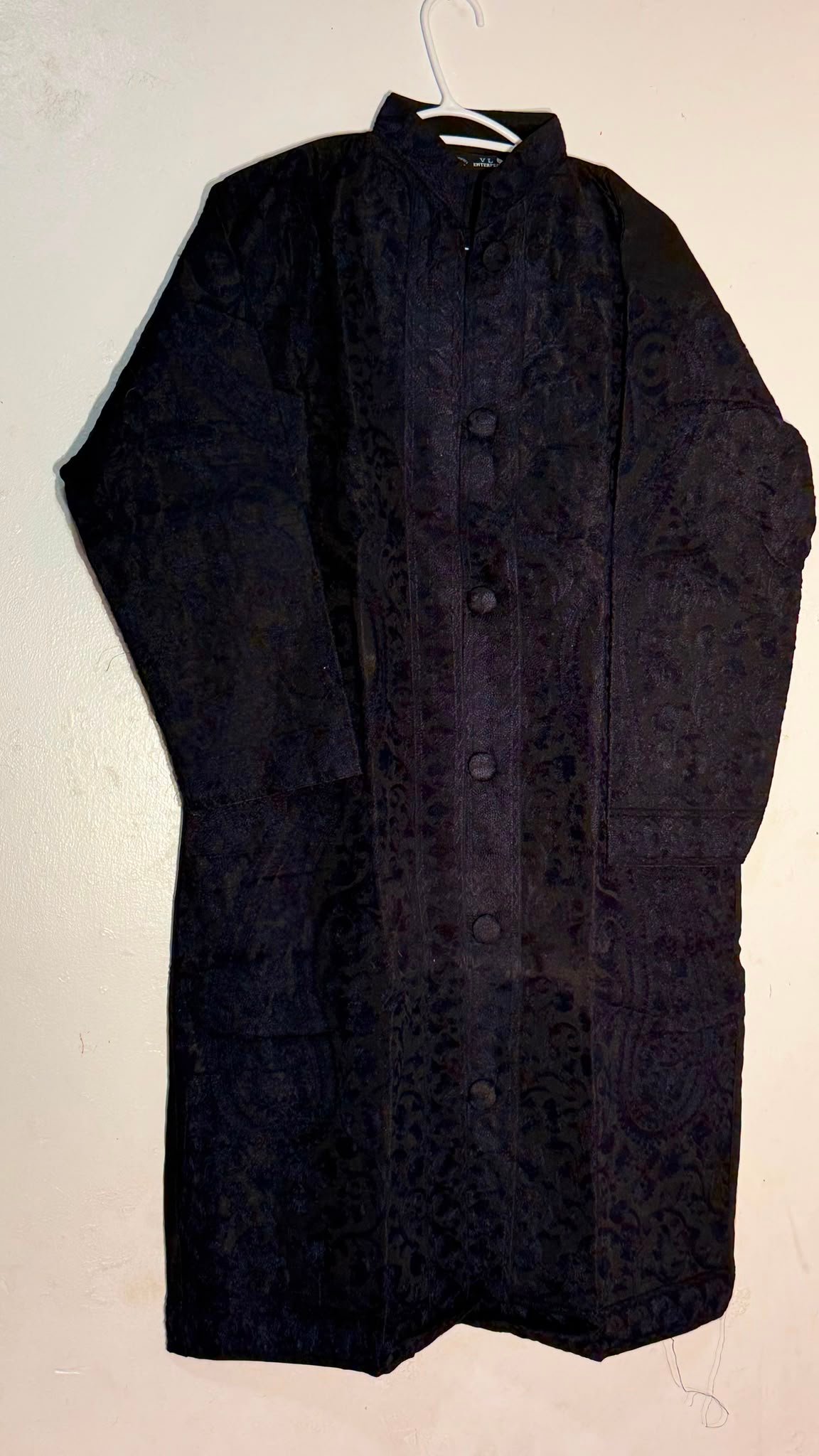 Classic Black Kashmiri Coat | Elegant Textured Long Winter Jacket
