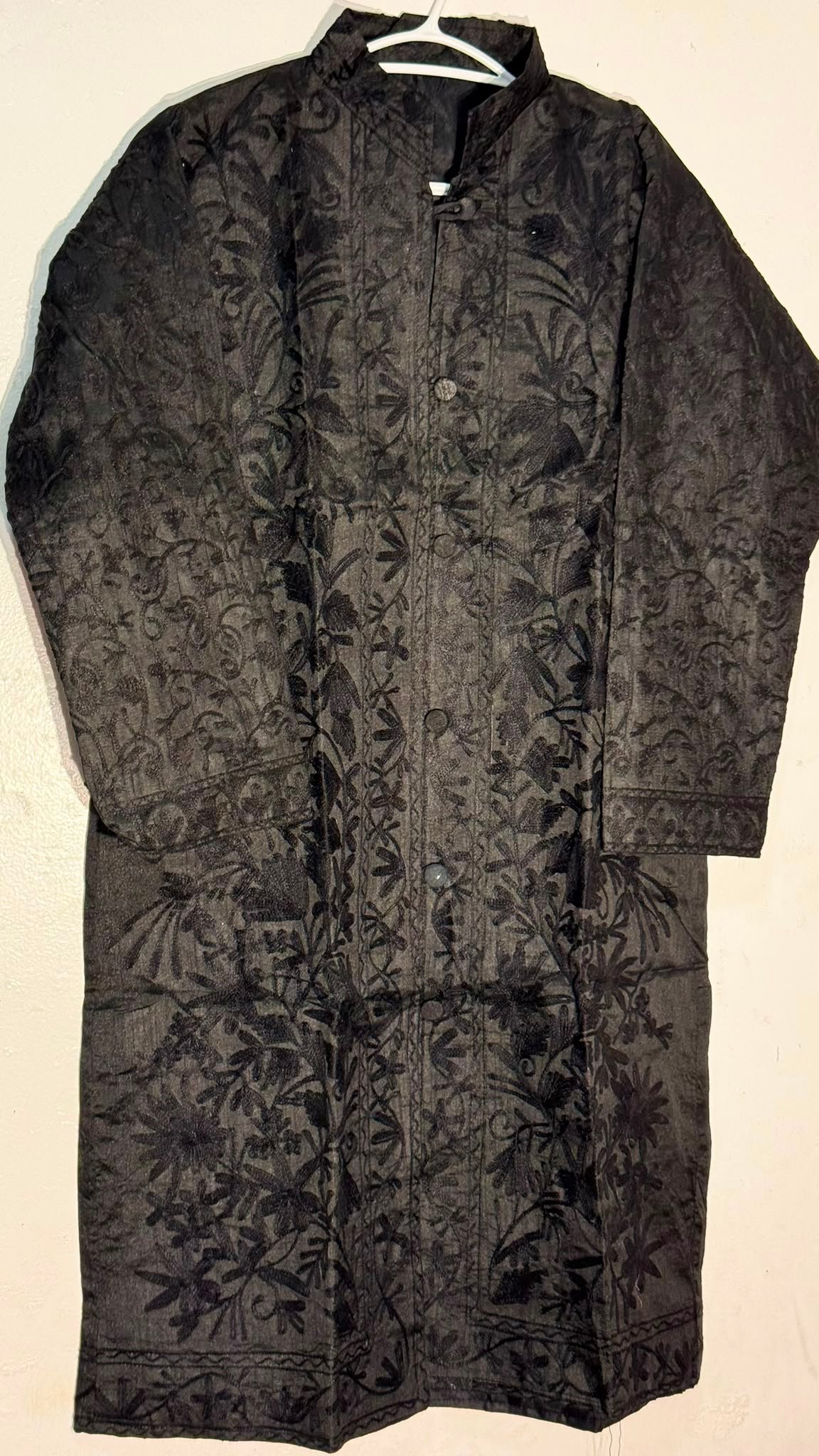 Elegant Black-on-Black Kashmiri Embroidered Coat | Tonal Aari Work Long Jacket