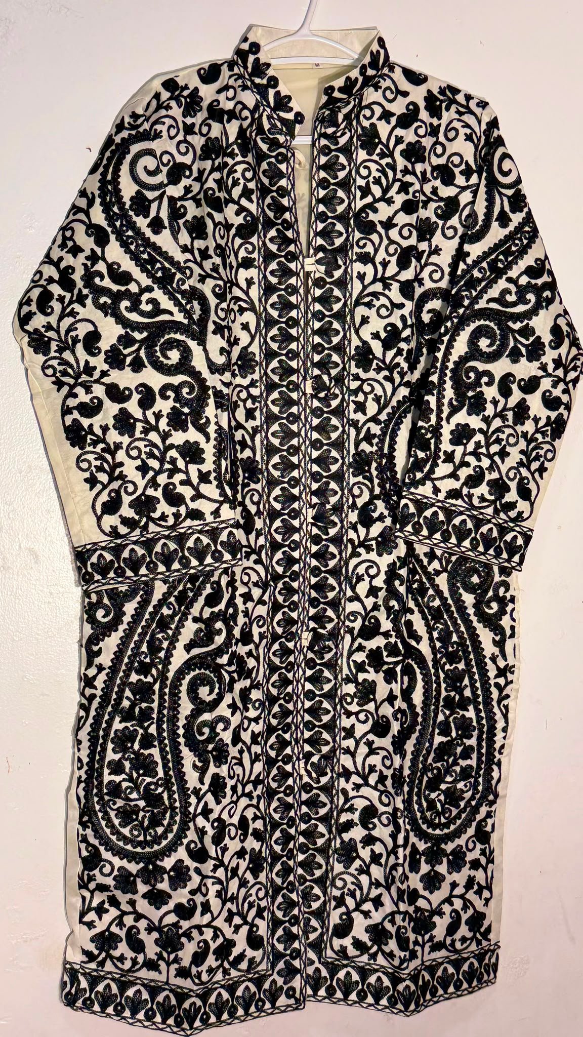 Off White & Black Kashmiri Embroidered Coat | Traditional Aari Work Long Jacket