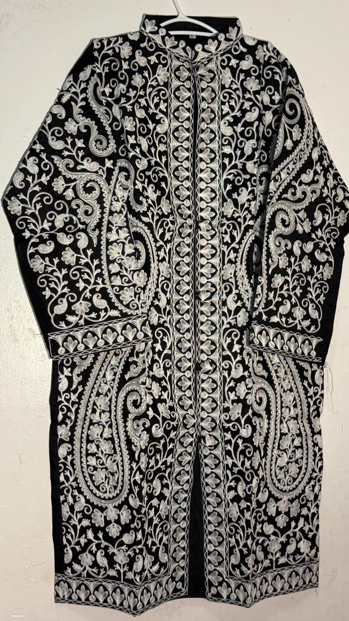 Elegant Black & White Kashmiri Embroidered Coat | Traditional Aari Work Long Jacket