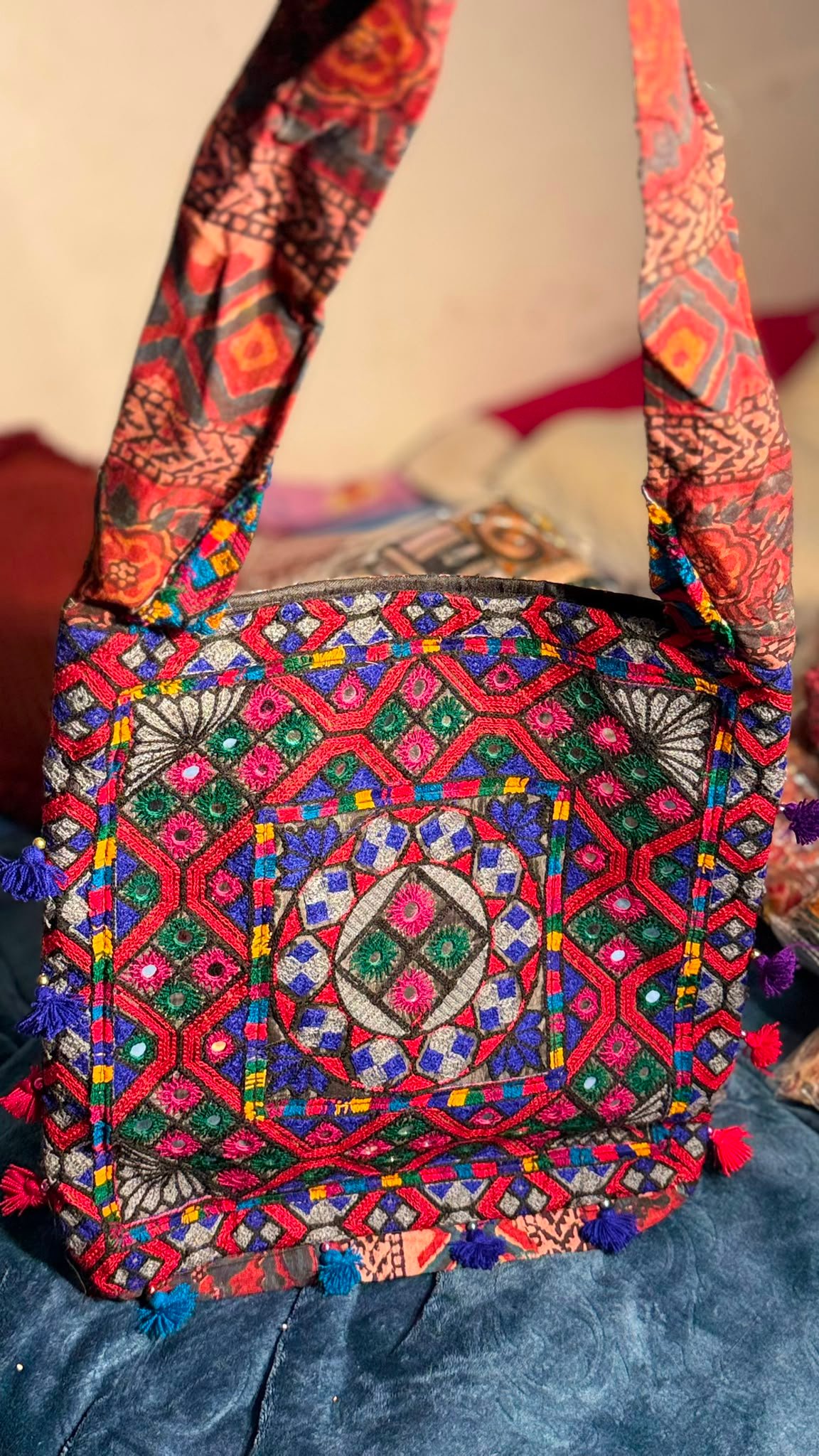 Handcrafted Red and Blue Mirror Work Embroidered Tote Bag