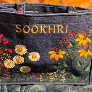 Black SOOKHRI Floral Embroidered Tote Bag Reusable Market & Everyday Carry Bag