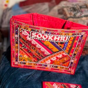 Red SOOKHRI Floral Embroidered Tote Bag Reusable Market & Everyday Carry Bag