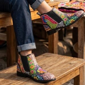 Royal Peacock – Hand-Painted Truck Art Leather Chelsea Boots