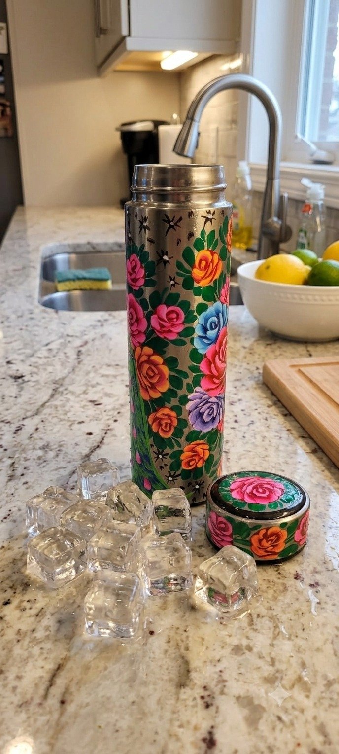 Red Floral Truck Art Stainless Steel Vacuum Flask - Image 2