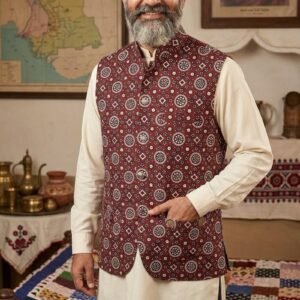 Classic Maroon Ajrak Printed Men's Waistcoat