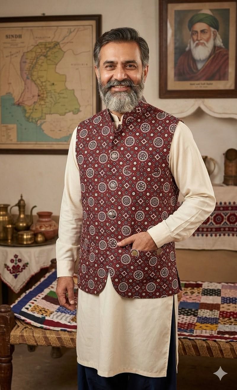 Classic Maroon Ajrak Printed Men's Waistcoat
