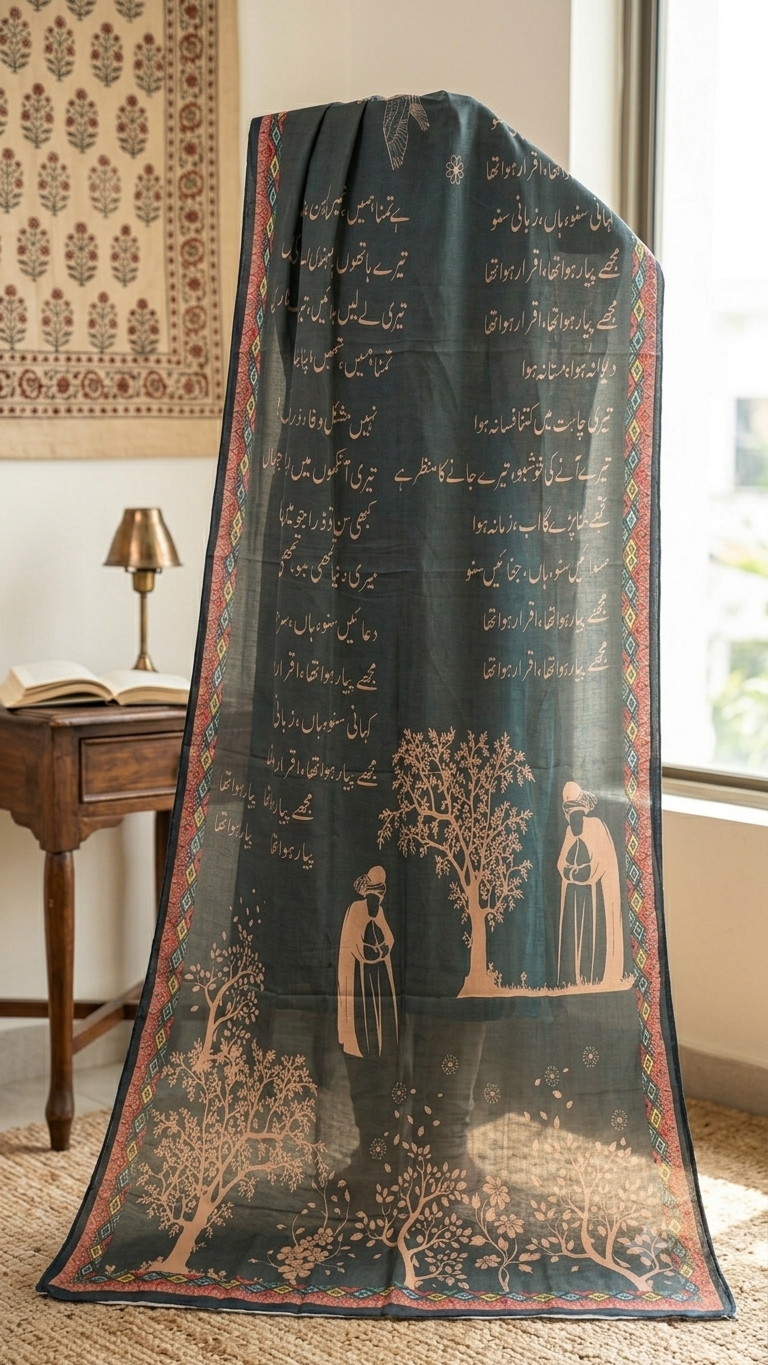 The Ghazal Scroll – Charcoal & Gold Calligraphy Dupatta