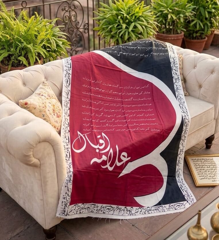 Allama Iqbal Poetry Printed Dupatta – Deep Maroon & Black Calligraphy Stole