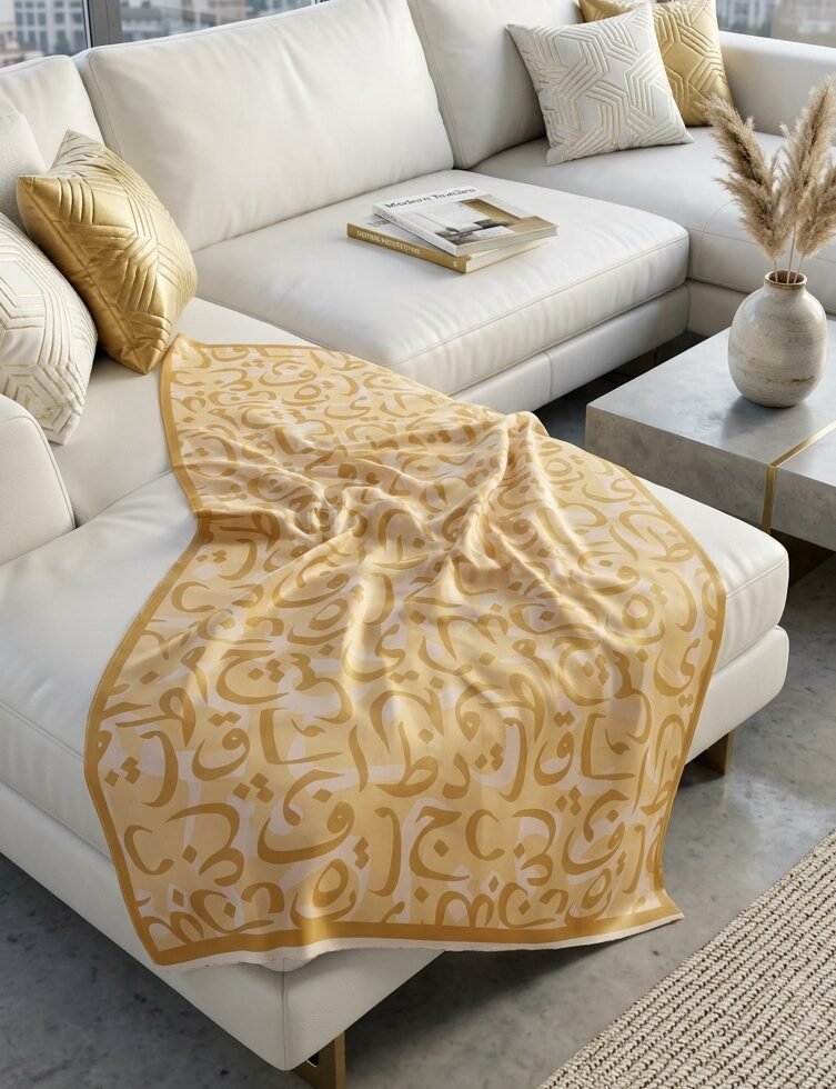 "Zarrin Huroof" – Ochre & Warm Ivory Calligraphy Silk Dupatta