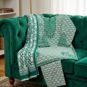 White & Emerald Printed Kurta Set with Intricate Floral Embroidered Accents