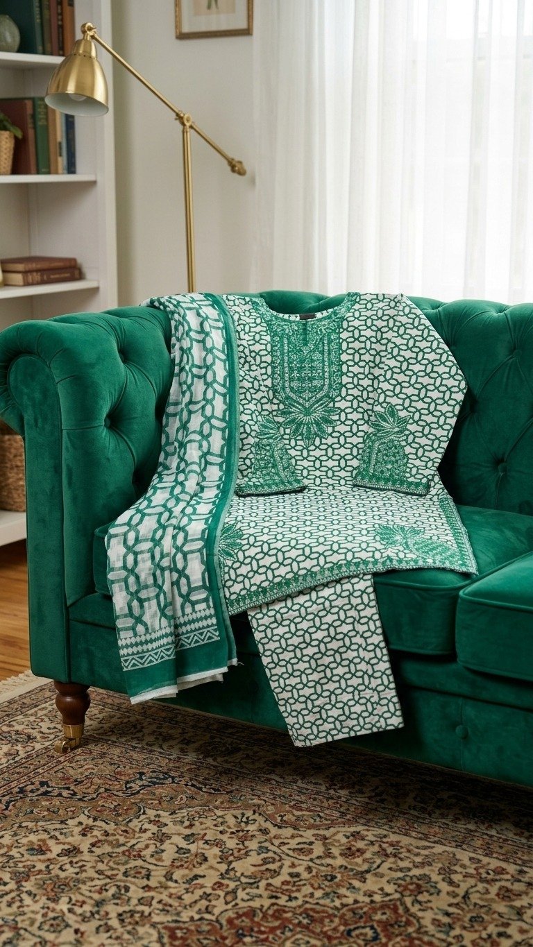 White & Emerald Printed Kurta Set with Intricate Floral Embroidered Accents