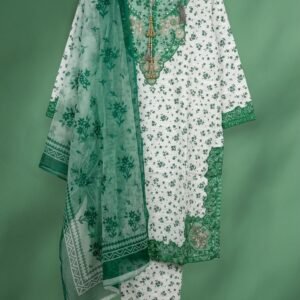 Emerald & Ivory Micro-Floral Printed Lawn Suit with Embroidered Lace Yoke & Tassels