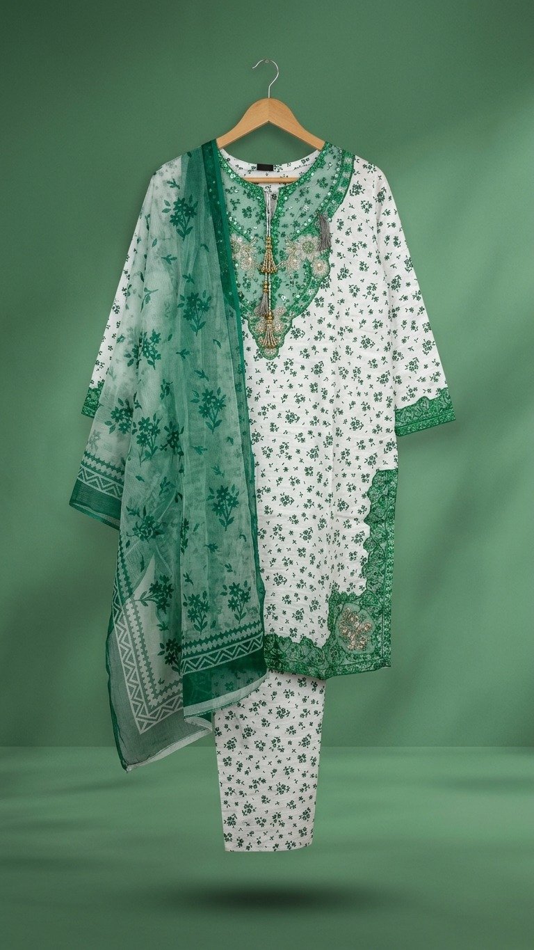 Emerald & Ivory Micro-Floral Printed Lawn Suit with Embroidered Lace Yoke & Tassels