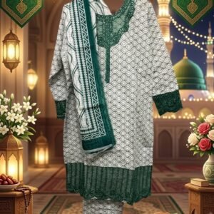 Islamic Geometric Print Lawn Suit with Deep Green Lace Neckline & Borders
