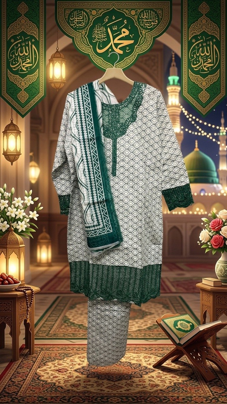 Islamic Geometric Print Lawn Suit with Deep Green Lace Neckline & Borders