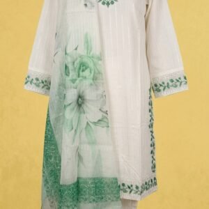 Ivory Mirror-Work & Embroidered Lawn Set with Sage Green Floral Dupatta