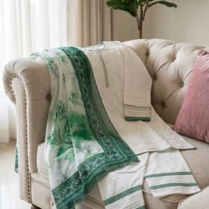 Ivory Self-Striped Chikankari Suit with Botanical Green Printed Dupatta