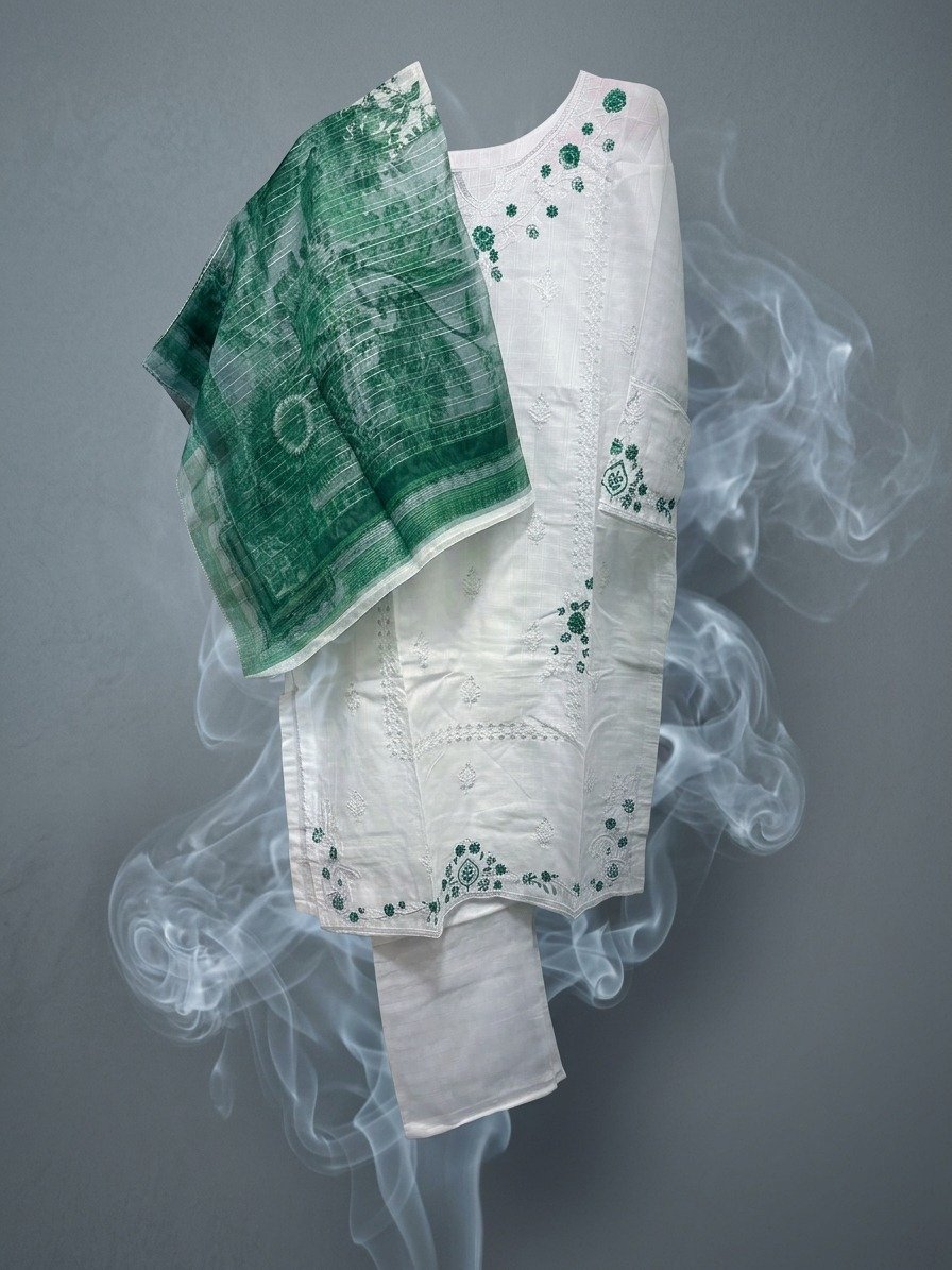 Emerald & Ivory Chikankari Embroidered Lawn Suit with Printed Organza Dupatta