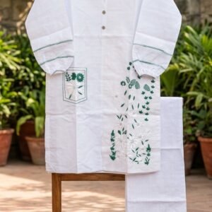 White Embroidered Cotton Kurta Set with Botanical Floral Detailing