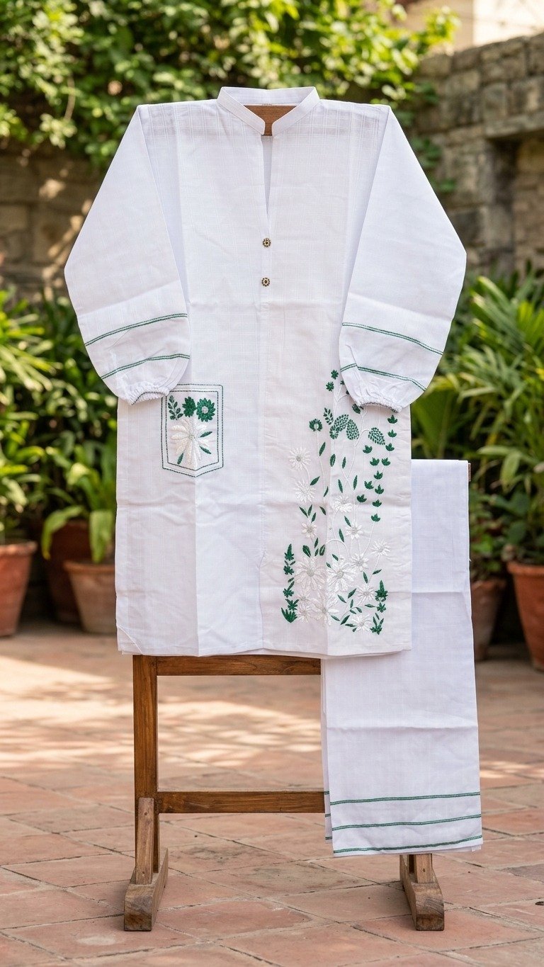 White Embroidered Cotton Kurta Set with Botanical Floral Detailing