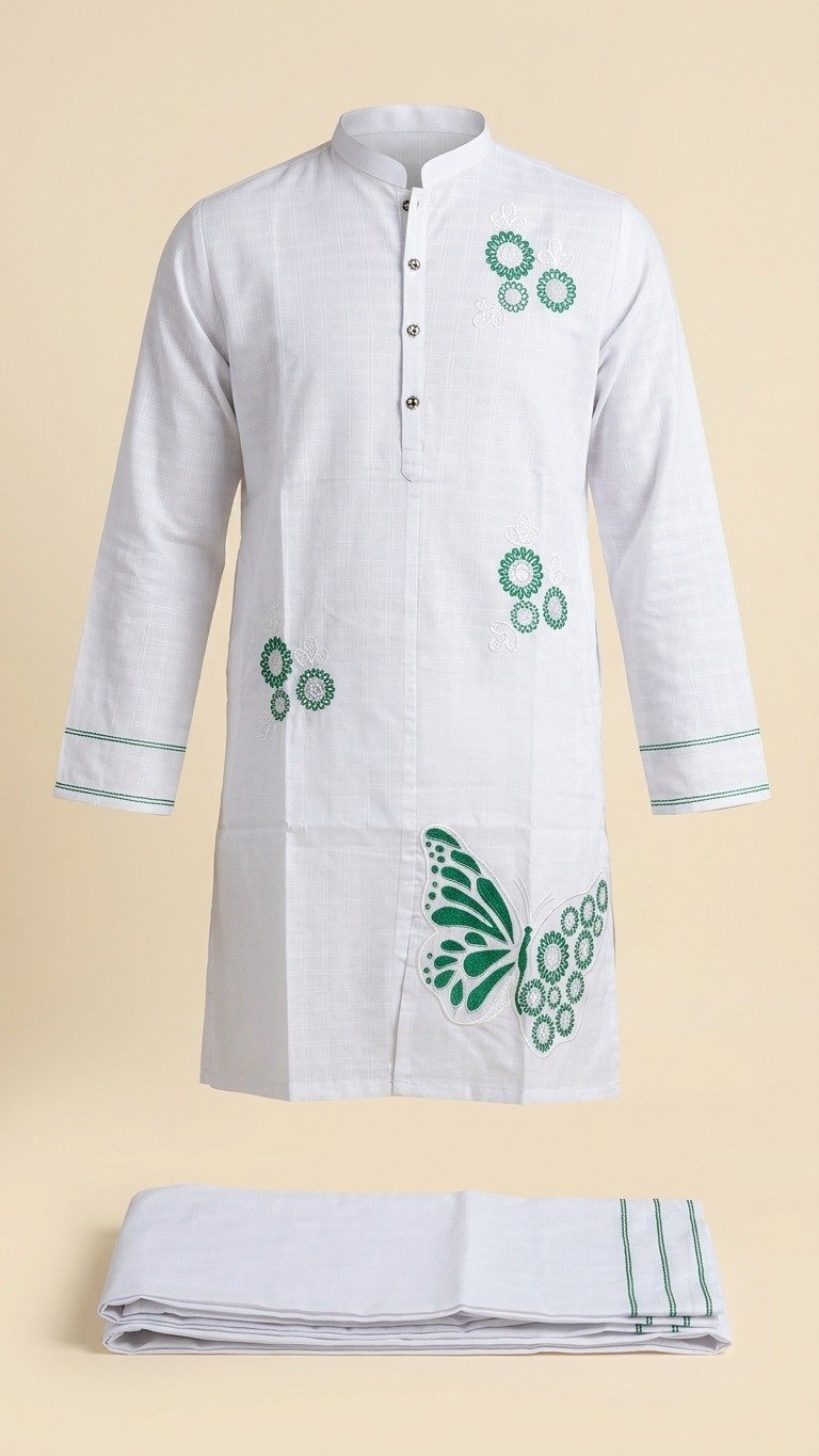 Emerald Butterfly Hand-Embroidered White Lawn Kurta & Trouser Set