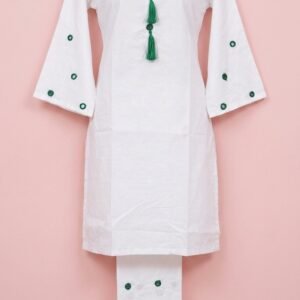 Minimalist White Cotton Suit with Green Beaded Tassels & Mirror Accents