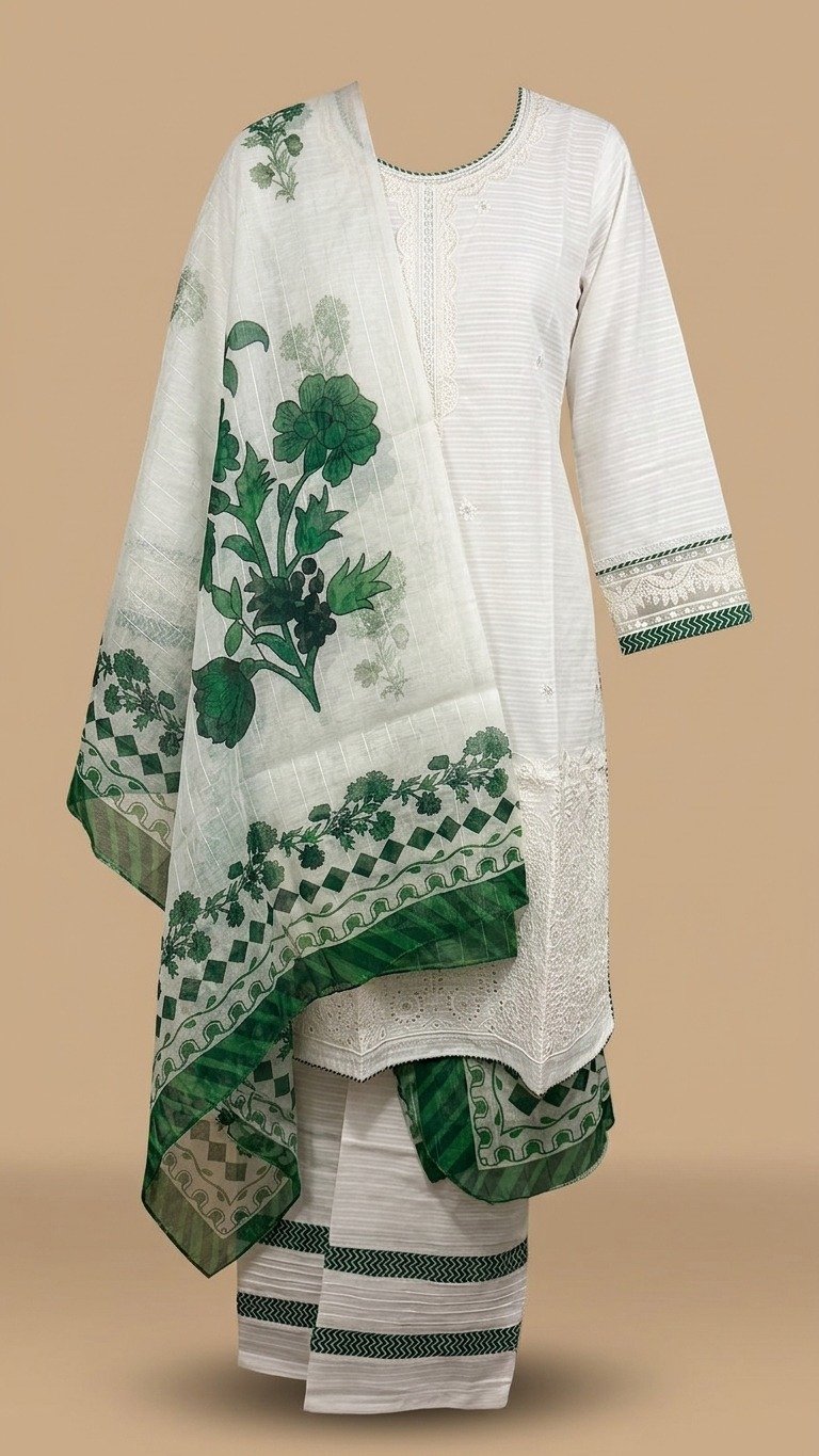 Green White Lawn Kurta & Trouser dupatta