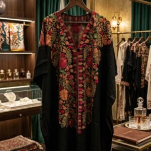 Hand-Embroidered Kashmiri Floral Black Kaftan