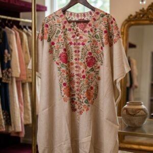 Hand-Embroidered Kashmiri Floral Beige and red Kaftan