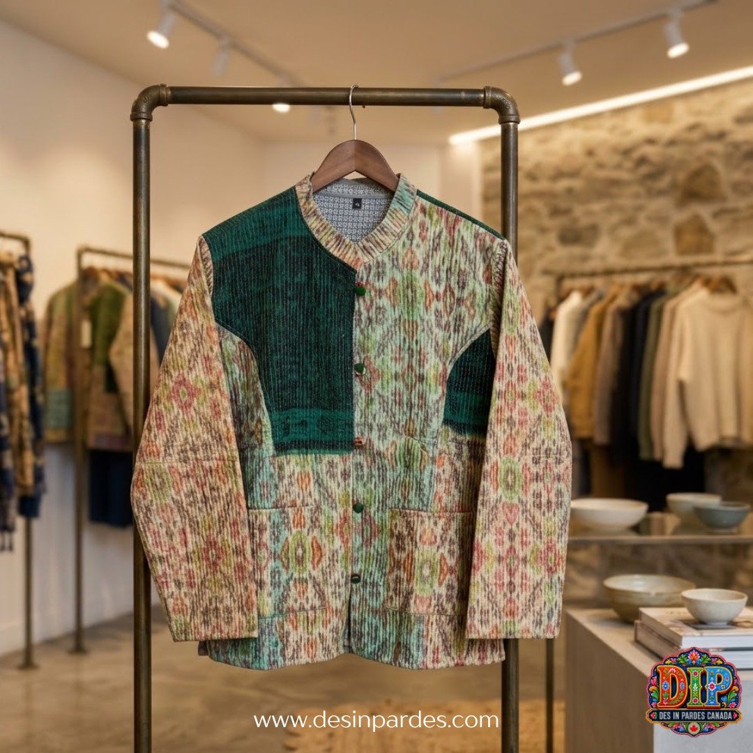Artisanal Emerald Patchwork Kantha Quilted Jacket
