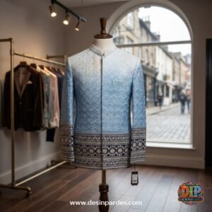 Ombré Sky Blue Embroidered Prince Coat