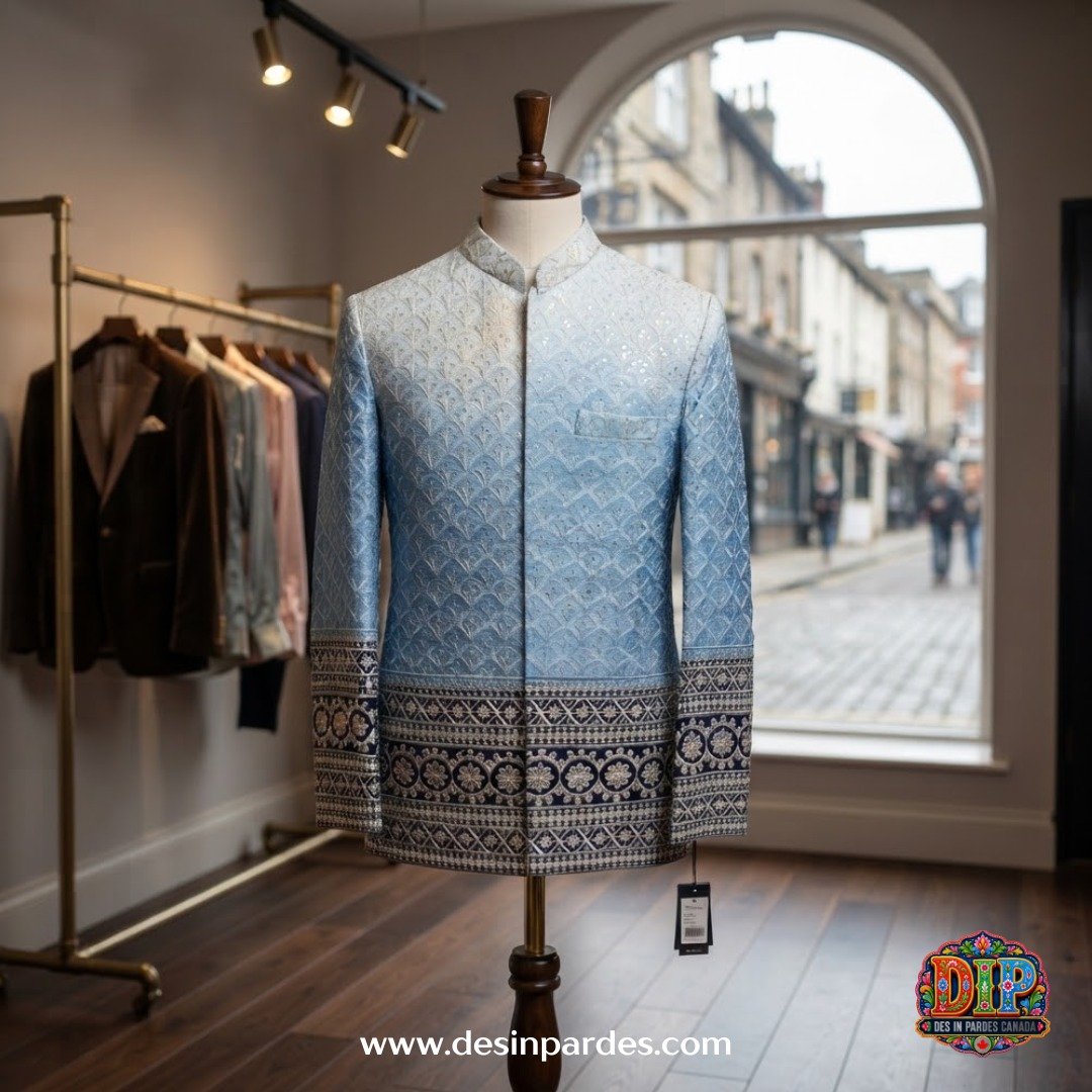 Ombré Sky Blue Embroidered Prince Coat