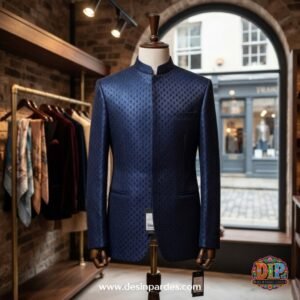 Royal Blue Micro-Motif Textured Prince Coat